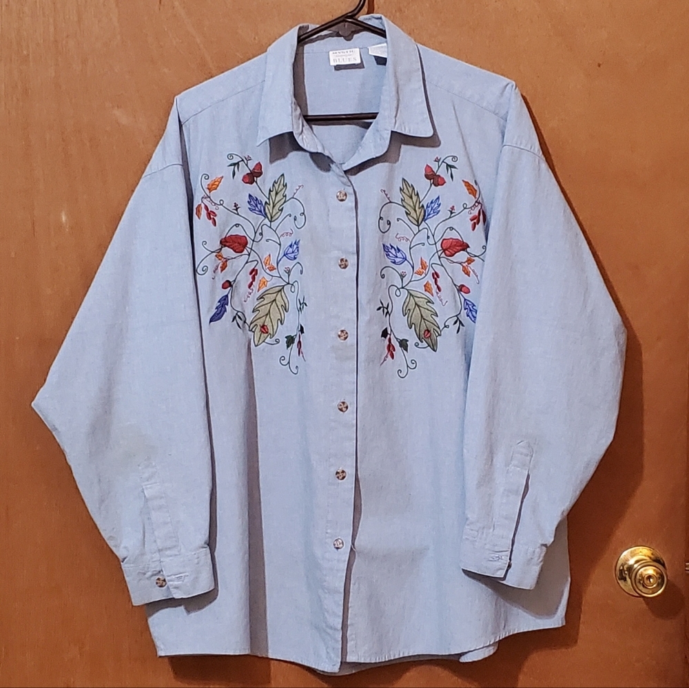 Mystic Blues Gorgeous Chambray Shirt w/ Fall Autumn  Embroidery Size 24W